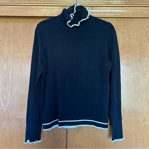 Pearl by Lela Rose Lettuce Trim Stripe Black Turtleneck Sweater Size Large